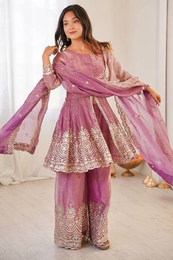 Women's Gorgeous Embroidery Fendy Silk Fabric Flared Kurta Palazzo and Dupatta Set