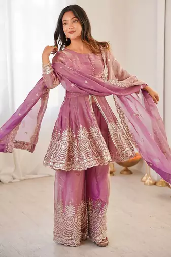 Women's Gorgeous Embroidery Fendy Silk Fabric Flared Kurta Palazzo and Dupatta Set