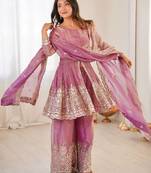 Women's Gorgeous Embroidery Fendy Silk Fabric Flared Kurta Palazzo and Dupatta Set