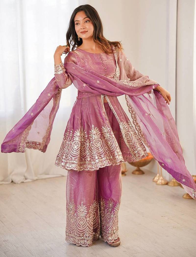 Women's Gorgeous Embroidery Fendy Silk Fabric Flared Kurta Palazzo and Dupatta Set