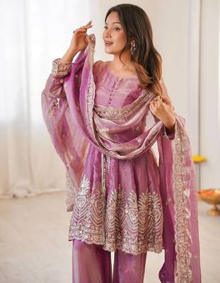 Women's Gorgeous Embroidery Fendy Silk Fabric Flared Kurta Palazzo and Dupatta Set 2