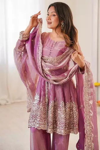 Women's Gorgeous Embroidery Fendy Silk Fabric Flared Kurta Palazzo and Dupatta Set