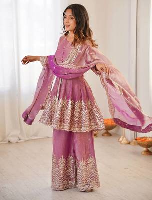 Women's Gorgeous Embroidery Fendy Silk Fabric Flared Kurta Palazzo and Dupatta Set 3