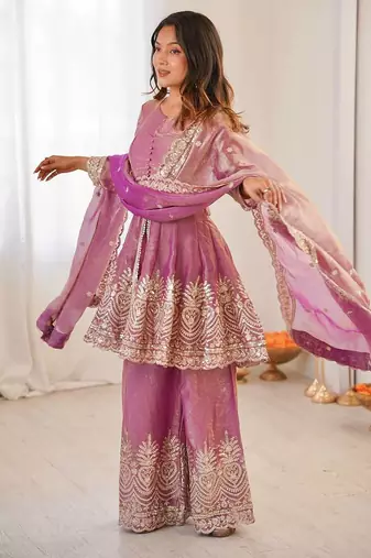 Women's Gorgeous Embroidery Fendy Silk Fabric Flared Kurta Palazzo and Dupatta Set