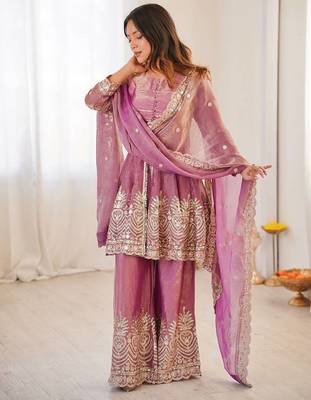 Women's Gorgeous Embroidery Fendy Silk Fabric Flared Kurta Palazzo and Dupatta Set 4