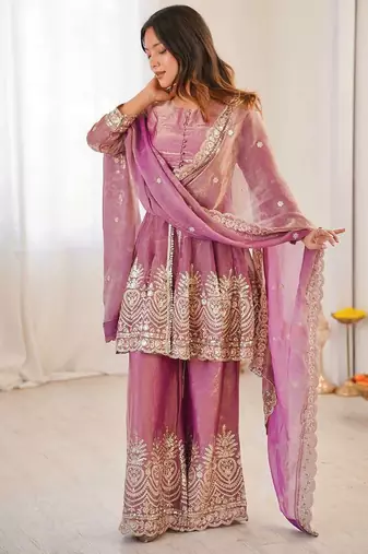 Women's Gorgeous Embroidery Fendy Silk Fabric Flared Kurta Palazzo and Dupatta Set