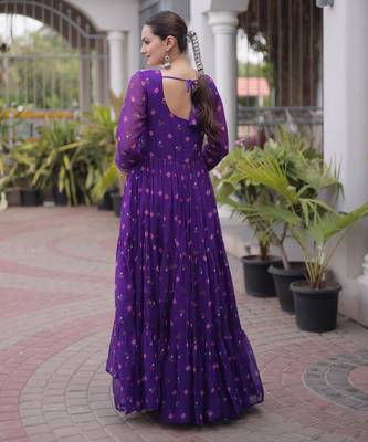 Purple faux georgette leheriya print with kutchi patch work navratri gown 2