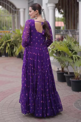 Purple faux georgette leheriya print with kutchi patch work navratri gown