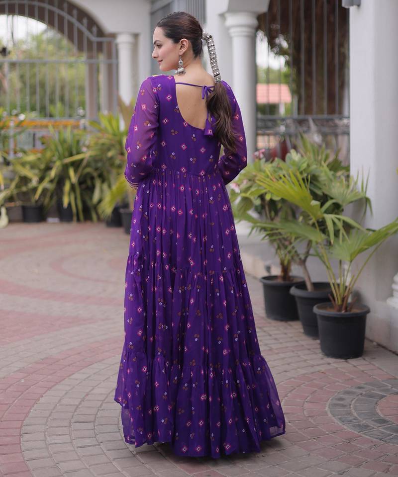 Purple faux georgette leheriya print with kutchi patch work navratri gown