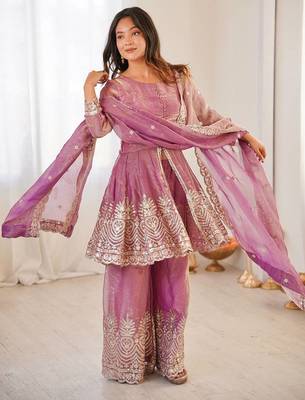 Women's Gorgeous Embroidery Fendy Silk Fabric Flared Kurta Palazzo and Dupatta Set 5