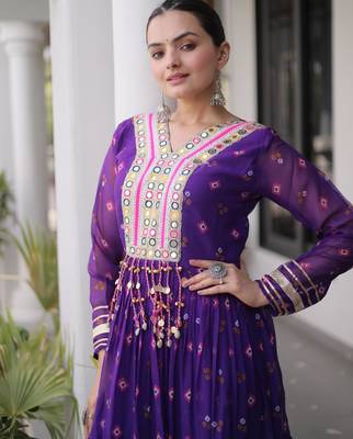 Purple faux georgette leheriya print with kutchi patch work navratri gown 3