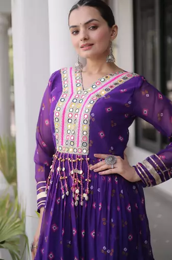 Purple faux georgette leheriya print with kutchi patch work navratri gown
