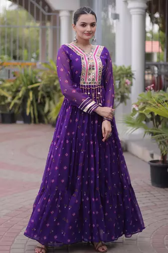 Purple faux georgette leheriya print with kutchi patch work navratri gown