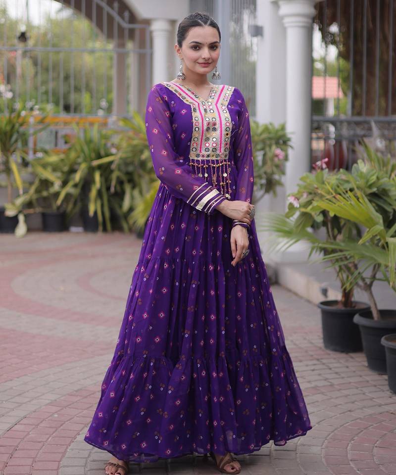 Purple faux georgette leheriya print with kutchi patch work navratri gown