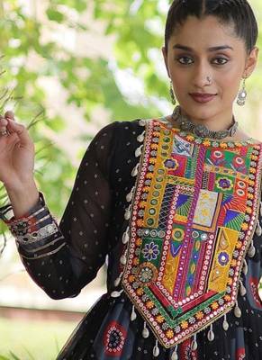 Black faux georgette bandhni print with kutchi patch work navratri gown 2