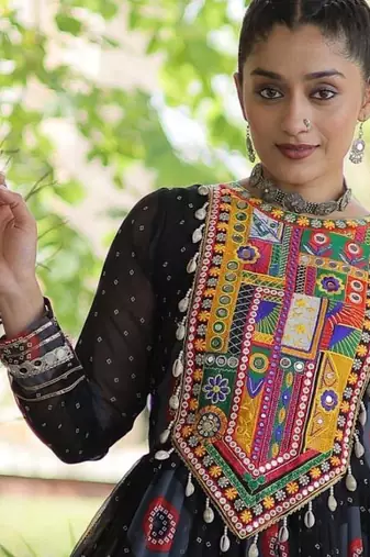 Black faux georgette bandhni print with kutchi patch work navratri gown