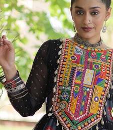 Black faux georgette bandhni print with kutchi patch work navratri gown