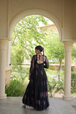 Black faux georgette bandhni print with kutchi patch work navratri gown 3