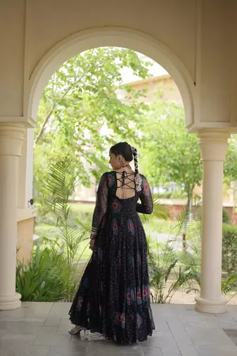 Black faux georgette bandhni print with kutchi patch work navratri gown