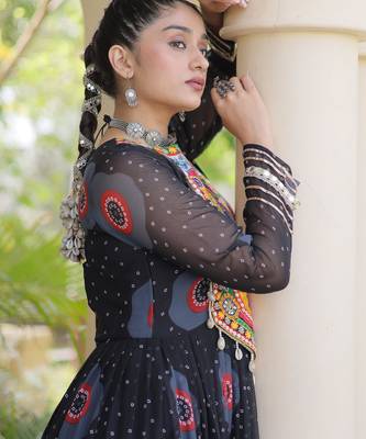 Black faux georgette bandhni print with kutchi patch work navratri gown 4