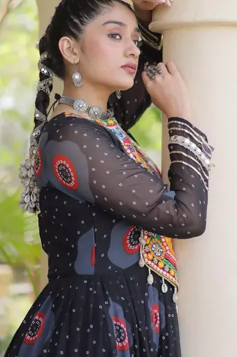 Black faux georgette bandhni print with kutchi patch work navratri gown