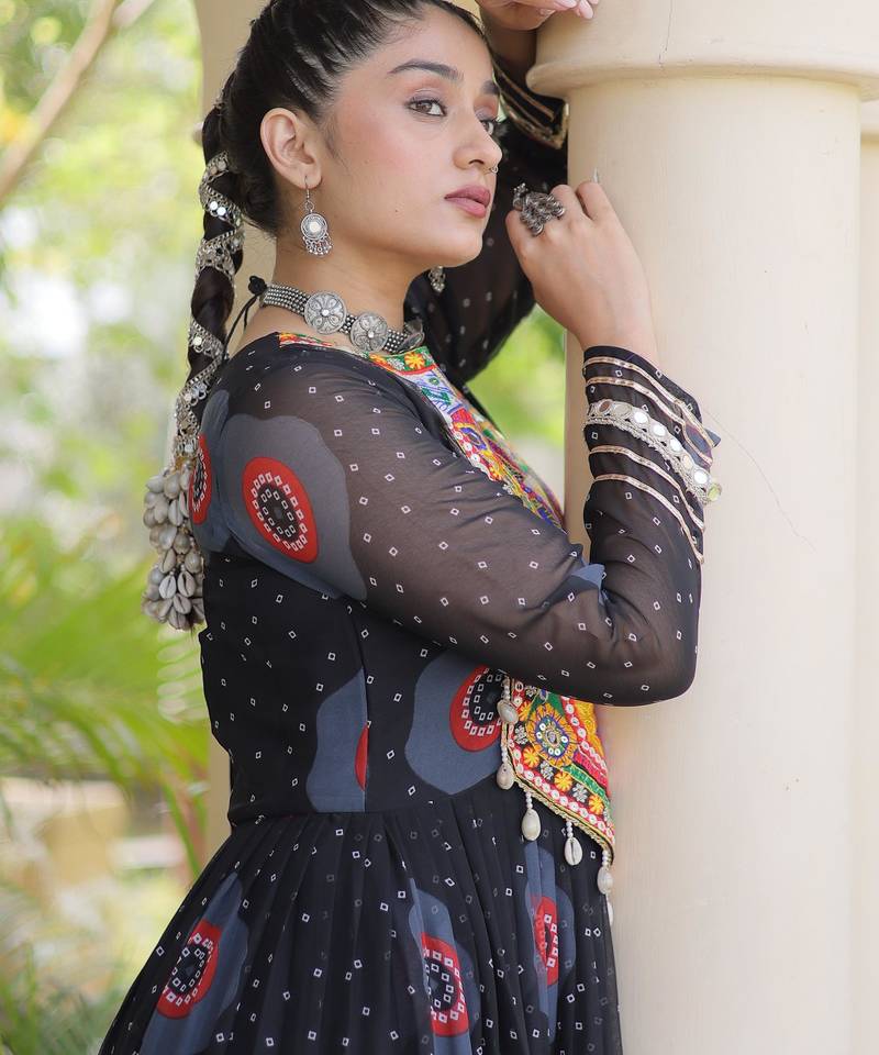 Black faux georgette bandhni print with kutchi patch work navratri gown