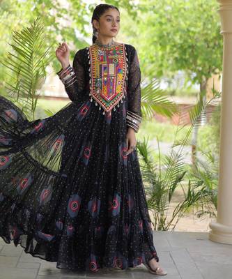 Black faux georgette bandhni print with kutchi patch work navratri gown 1