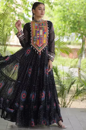 Black faux georgette bandhni print with kutchi patch work navratri gown