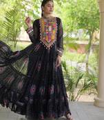 Black faux georgette bandhni print with kutchi patch work navratri gown
