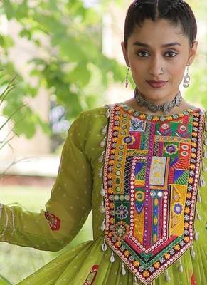 Parrot faux georgette bandhni print with kutchi patch work navratri gown 2