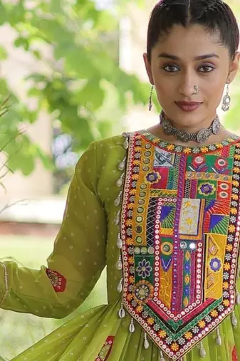 Parrot faux georgette bandhni print with kutchi patch work navratri gown