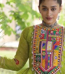 Parrot faux georgette bandhni print with kutchi patch work navratri gown