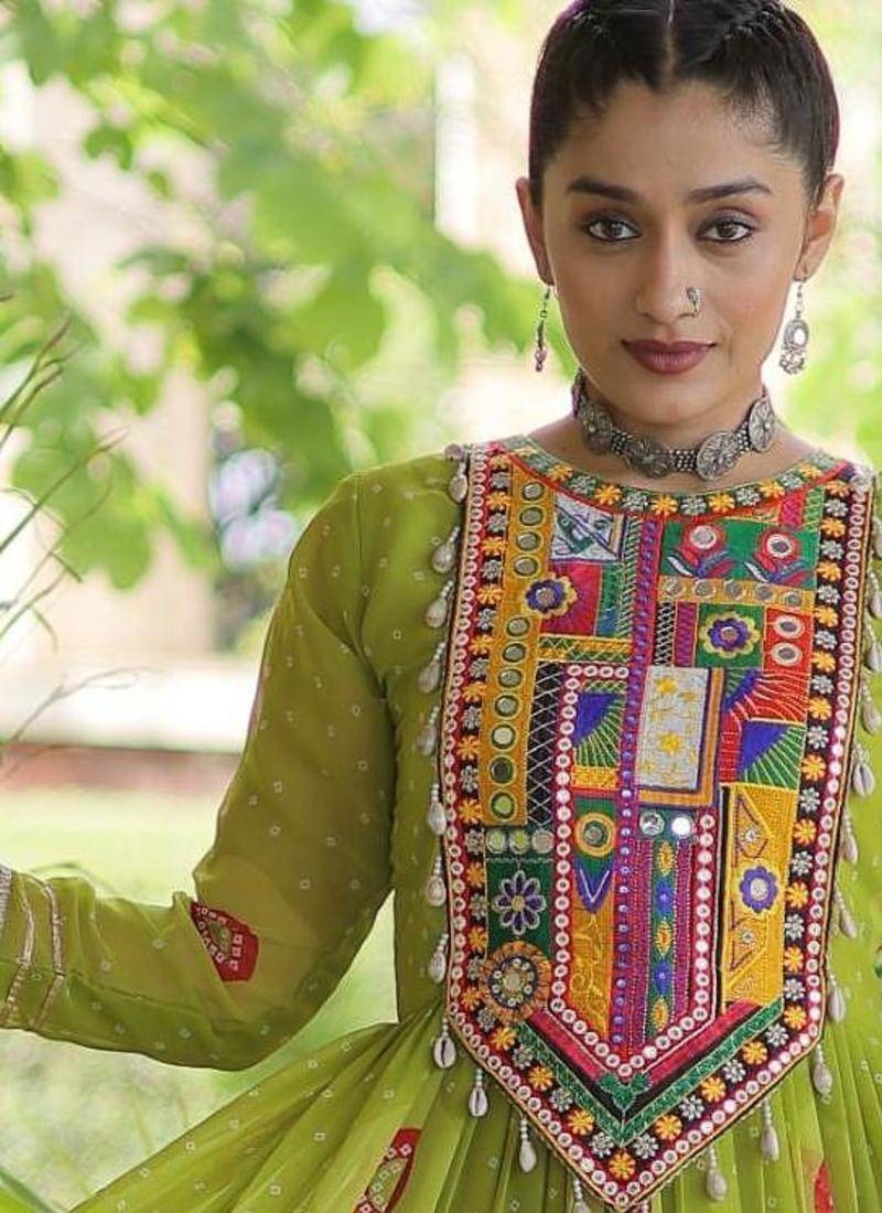Parrot faux georgette bandhni print with kutchi patch work navratri gown