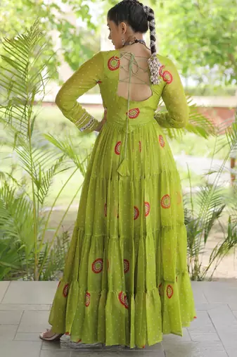 Parrot faux georgette bandhni print with kutchi patch work navratri gown
