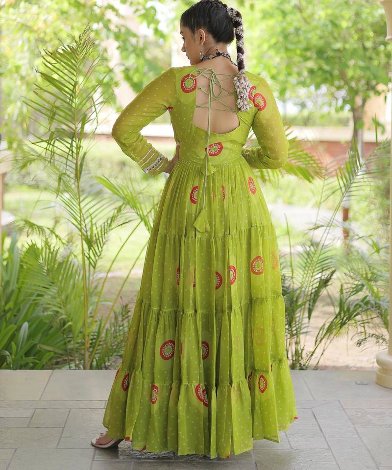 Parrot faux georgette bandhni print with kutchi patch work navratri gown