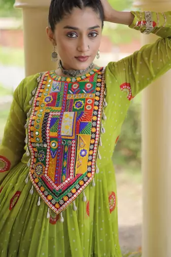 Parrot faux georgette bandhni print with kutchi patch work navratri gown