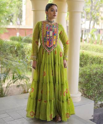 Parrot faux georgette bandhni print with kutchi patch work navratri gown 1