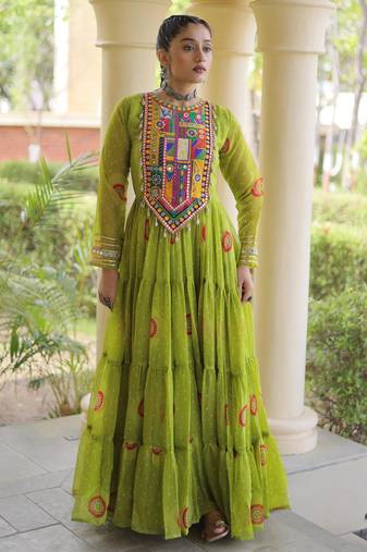 Parrot faux georgette bandhni print with kutchi patch work navratri gown