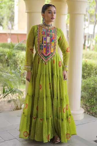 Parrot faux georgette bandhni print with kutchi patch work navratri gown