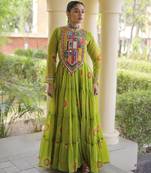 Parrot faux georgette bandhni print with kutchi patch work navratri gown