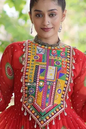 Red faux georgette bandhni print with kutchi patch work navratri gown