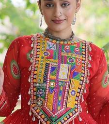 Red faux georgette bandhni print with kutchi patch work navratri gown