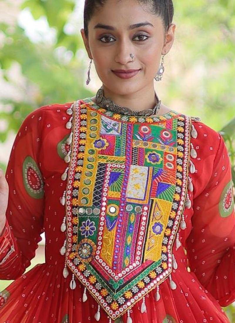 Red faux georgette bandhni print with kutchi patch work navratri gown