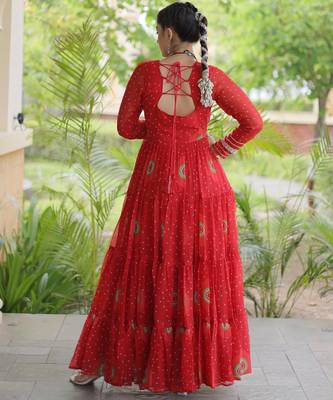 Red faux georgette bandhni print with kutchi patch work navratri gown 3