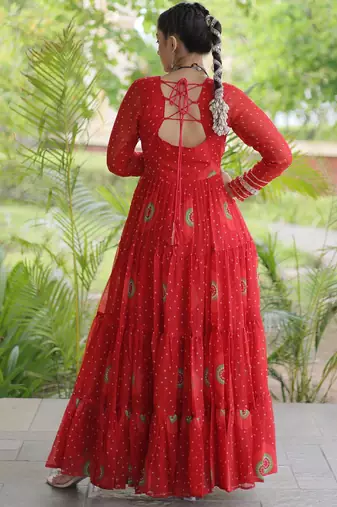 Red faux georgette bandhni print with kutchi patch work navratri gown