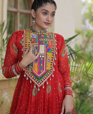 Red faux georgette bandhni print with kutchi patch work navratri gown 4