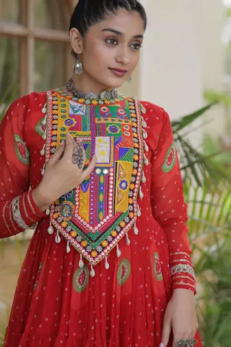 Red faux georgette bandhni print with kutchi patch work navratri gown