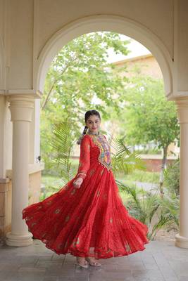 Red faux georgette bandhni print with kutchi patch work navratri gown 1