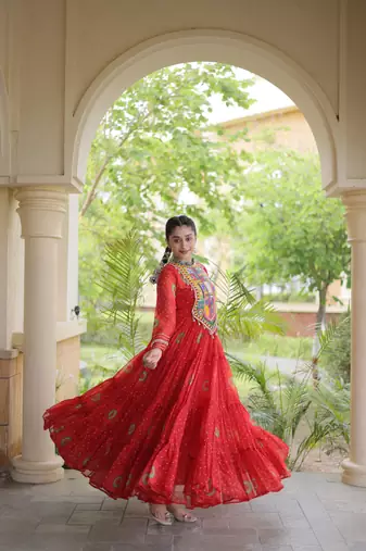 Red faux georgette bandhni print with kutchi patch work navratri gown