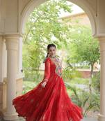 Red faux georgette bandhni print with kutchi patch work navratri gown